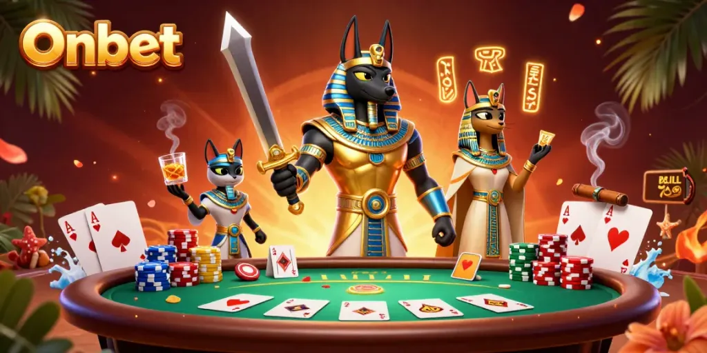Experience winning strategies at Onbet's vibrant poker scene featuring Anubis and Bastet amidst rich gaming elements.