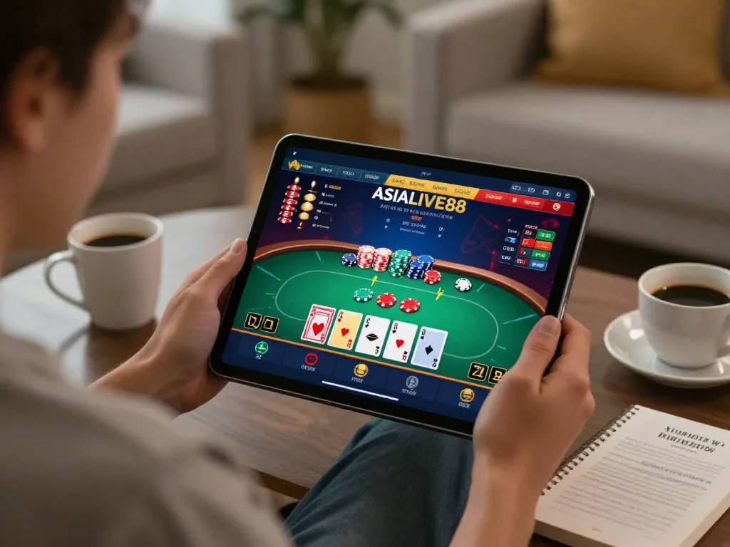 Engaging online poker gameplay with Link Alternatif Asialive88 displayed on tablet in a cozy setting.