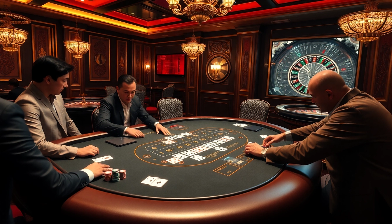 Intense blackjack game showcasing 98win vin strategies, with players and luxurious casino elements.