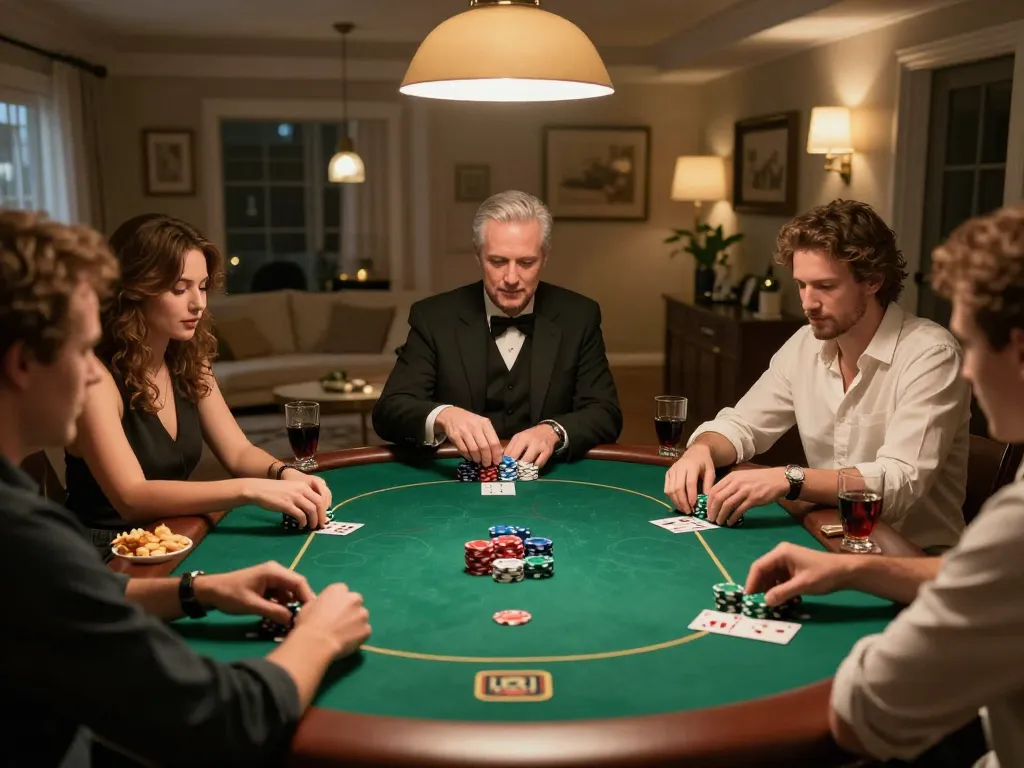 Players enjoying a competitive poker game at home, showcasing the excitement of gambling on https://ck444s.net/.