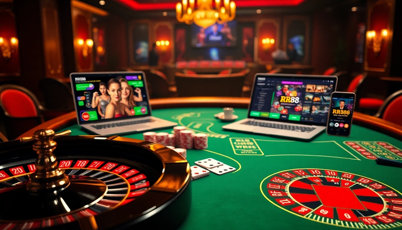 Engaging RR88 casino scene featuring poker chips and an exciting gambling atmosphere.