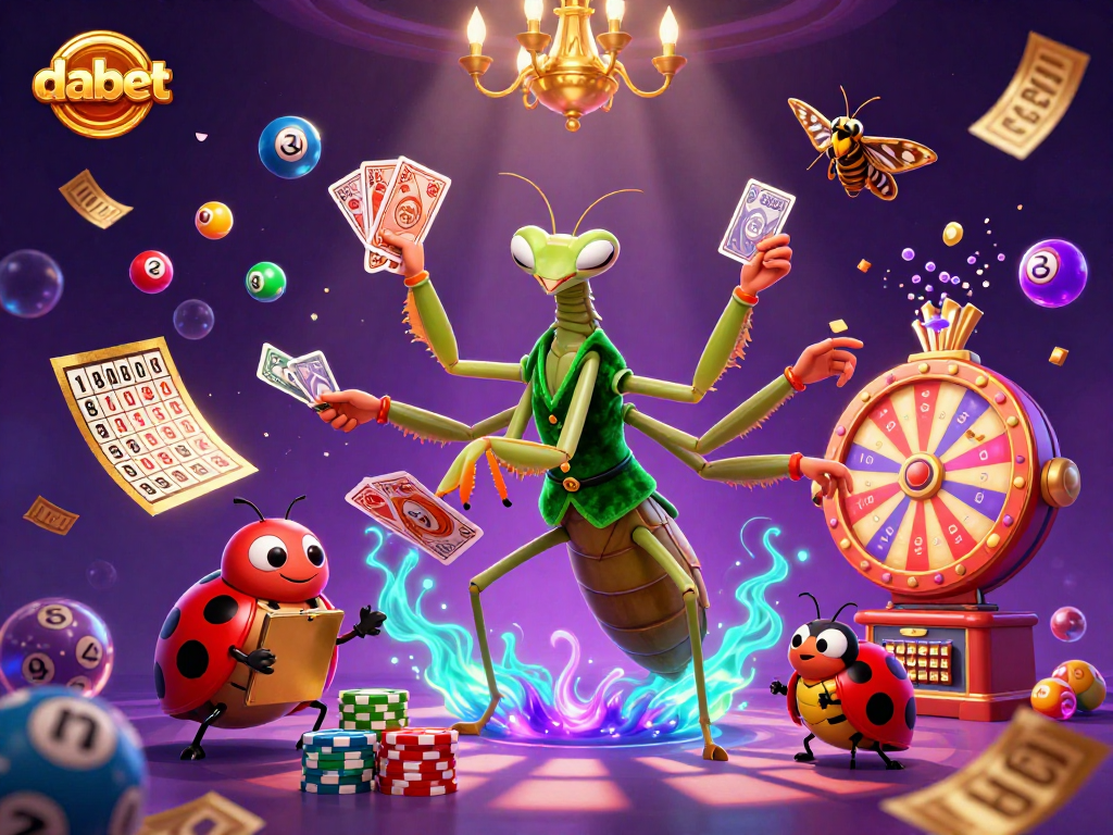 Experience dabet's vibrant casino scene with a 3D mantis dealer pouring champagne amidst lottery excitement.