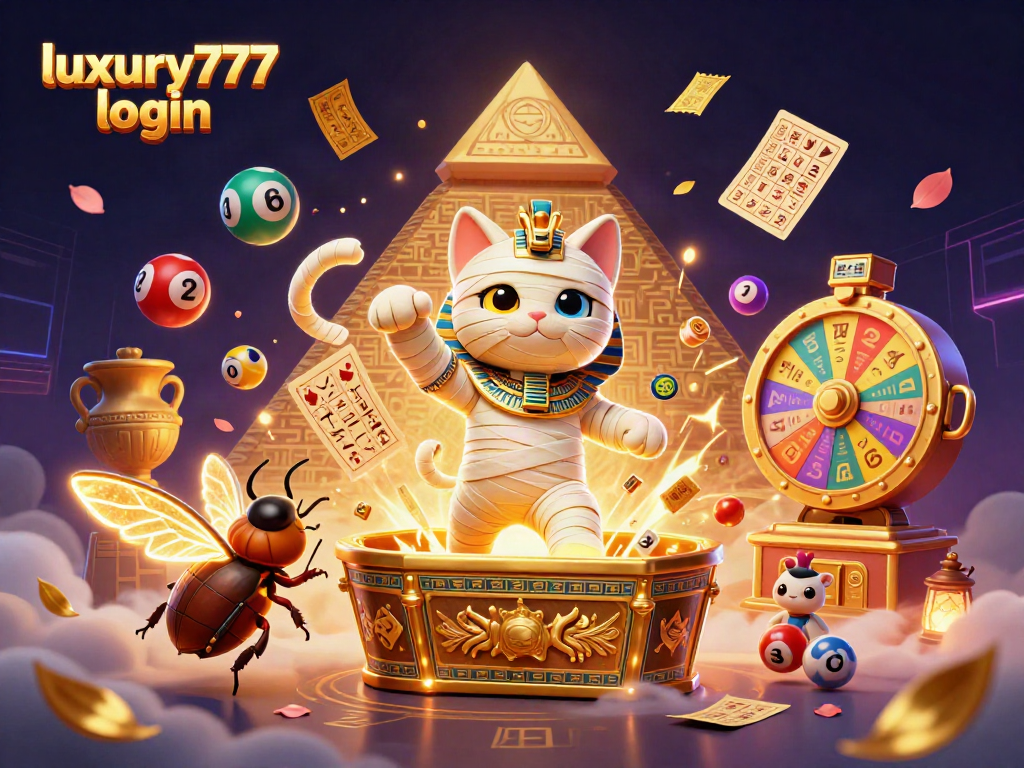 Login luxury777 dengan pemandangan kasino piramida yang megah, mumi kucing tampil dramatis.