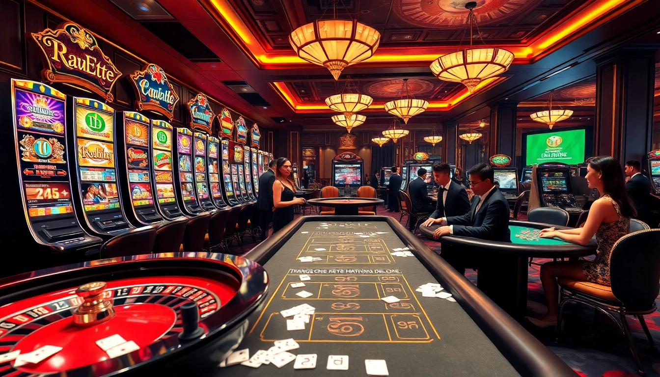 An engaging scene of a luxurious gambling atmosphere at Trang Chủ DEBET featuring slot machines and poker tables.