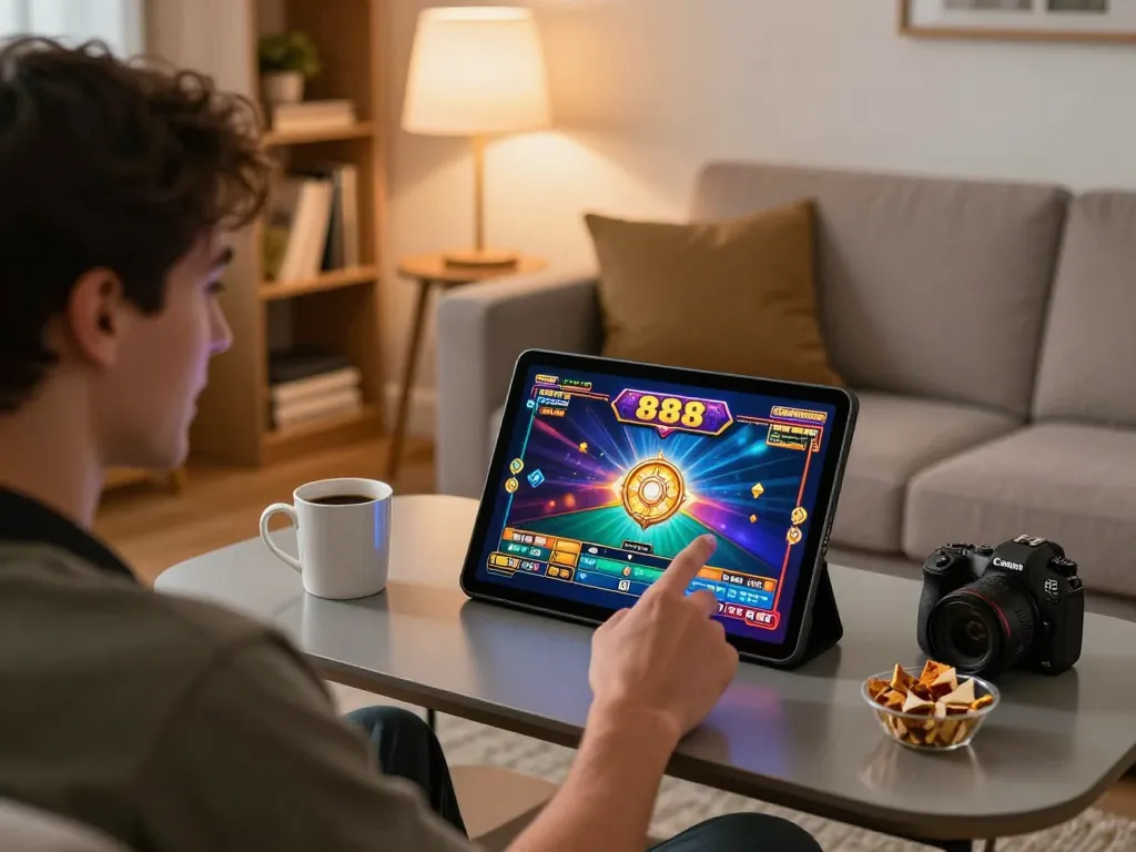 Player enjoying an exciting slot88 game on a tablet in a cozy home setup, revealing a vibrant casino interface.