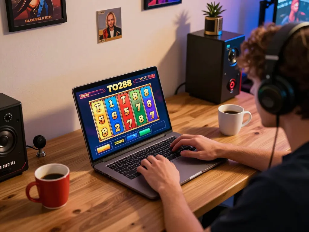 Engaging with TO288 slot online gameplay on a laptop in a cozy home setting, warm lighting.
