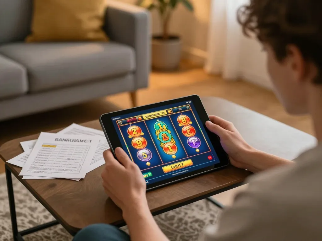 Player using tablet on situs toto slot game enjoying strategic gameplay at home