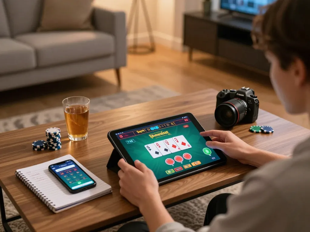 Using https://f168.sarl/ for online poker gaming, showcasing a person engaged in gameplay with strategic notes.