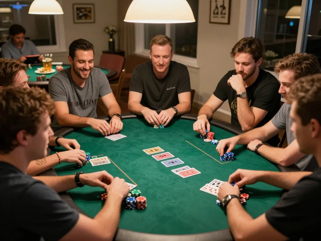 Engaged players at a home poker night around the table, featuring cards and chips, enjoying a social atmosphere with https://ymm88.cyou/ gaming.