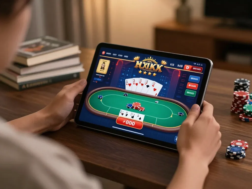 Engaging in online casino gameplay on GO88 tablet in a cozy home setting.