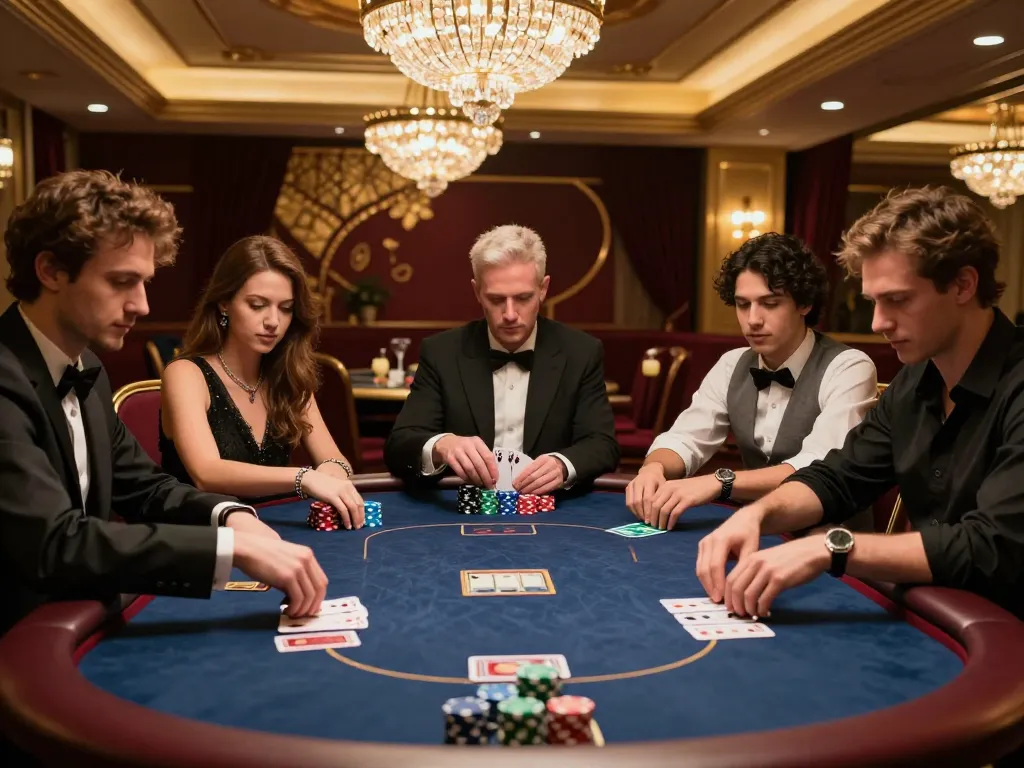 F8BET poker players strategizing around a high-stakes table in an upscale casino.
