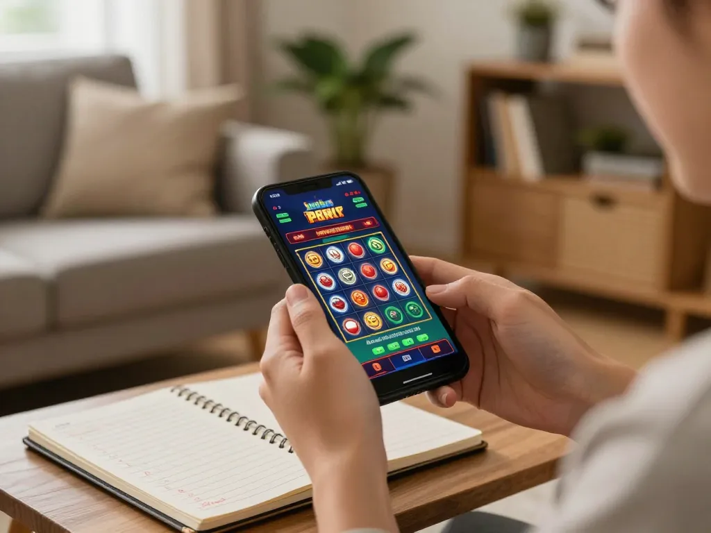 uu88 user playing mobile casino slots in a cozy home setting with strategic notes