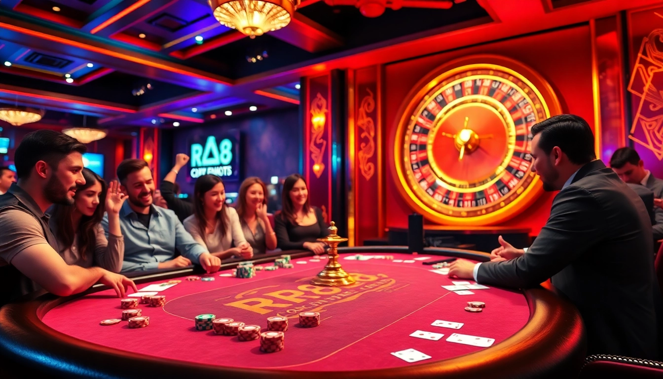 Players enjoying a thrilling game at the RR88 casino table with vibrant poker chips.