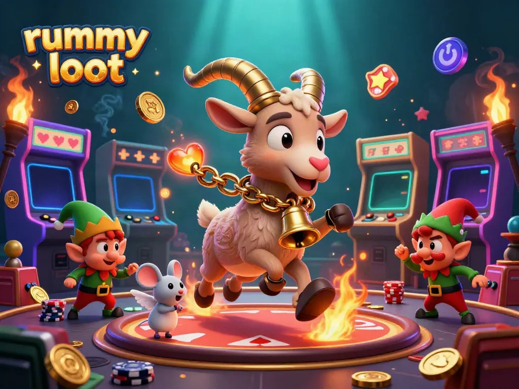 Engage in thrilling gameplay with Rummy Loot featuring a festive Krampus goat, angel mouse, and elf gremlins.
