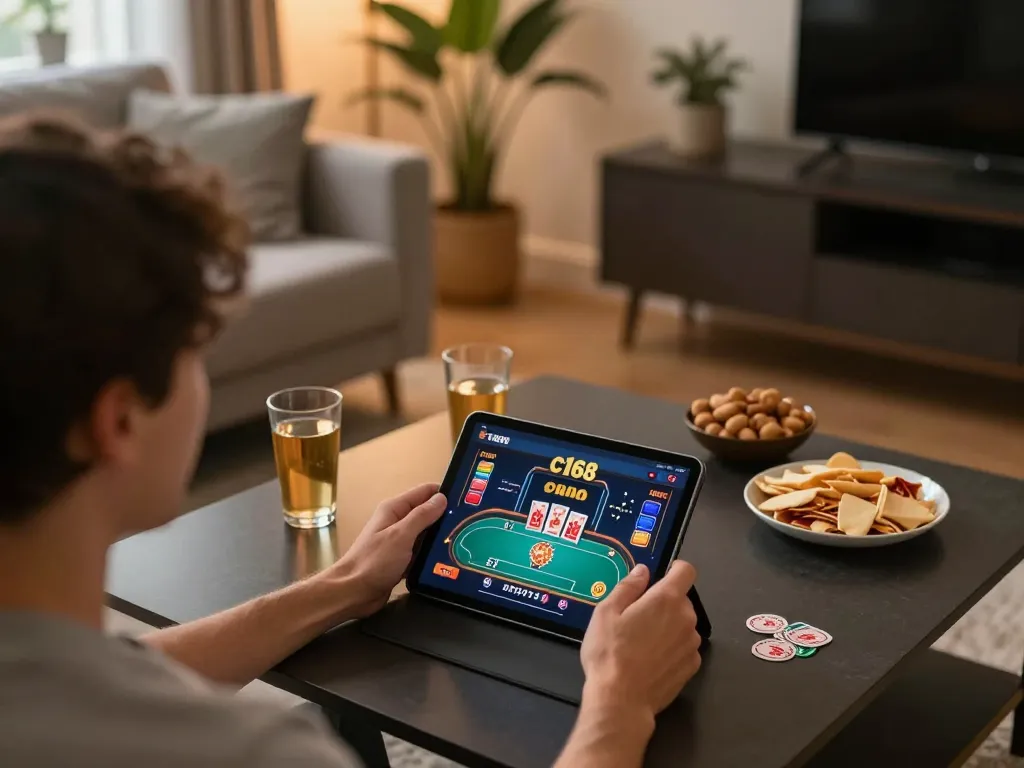 C168 user engaging in a poker game on a tablet in a cozy home setting, showcasing responsible gambling.