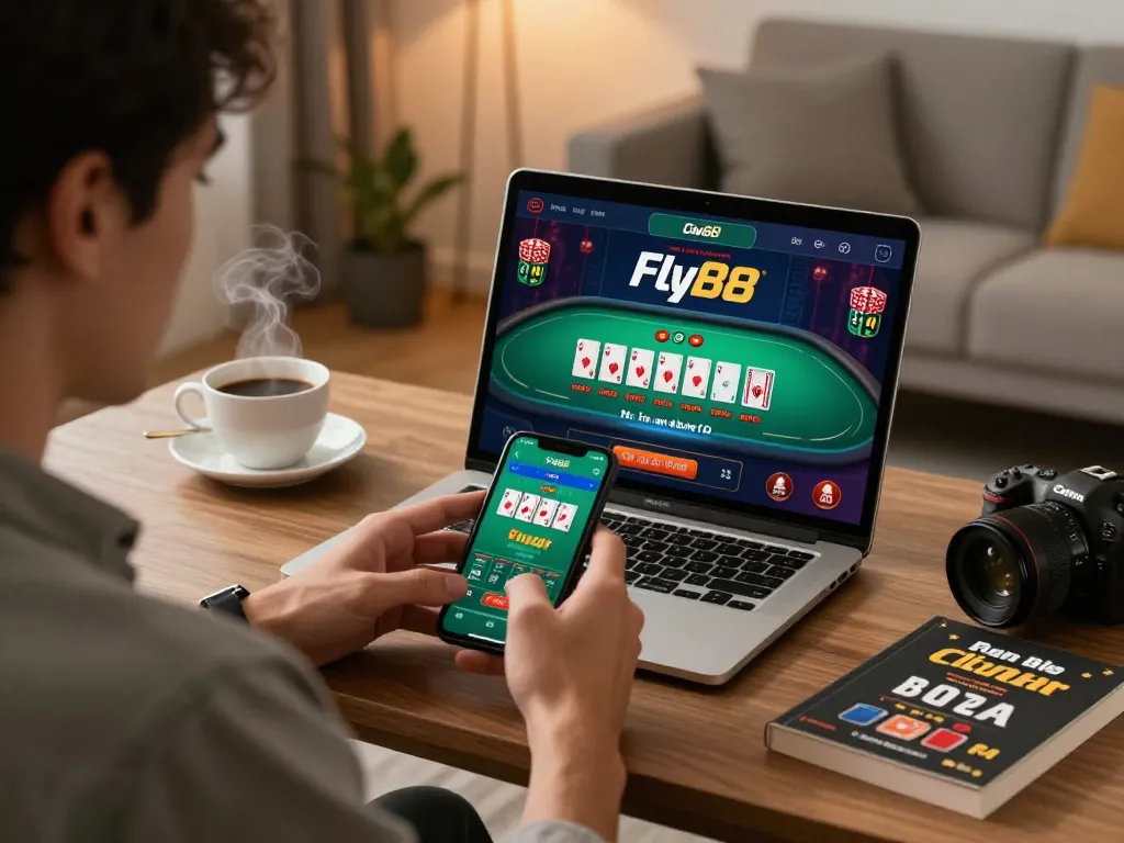 Engaging with the Fly88 casino app during an online blackjack game in a modern home office.