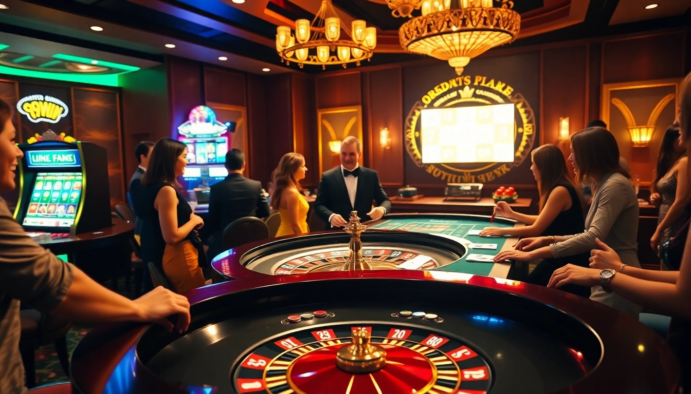 Gamblers enjoying a thrilling moment at 99win casino with roulette and slot machines.