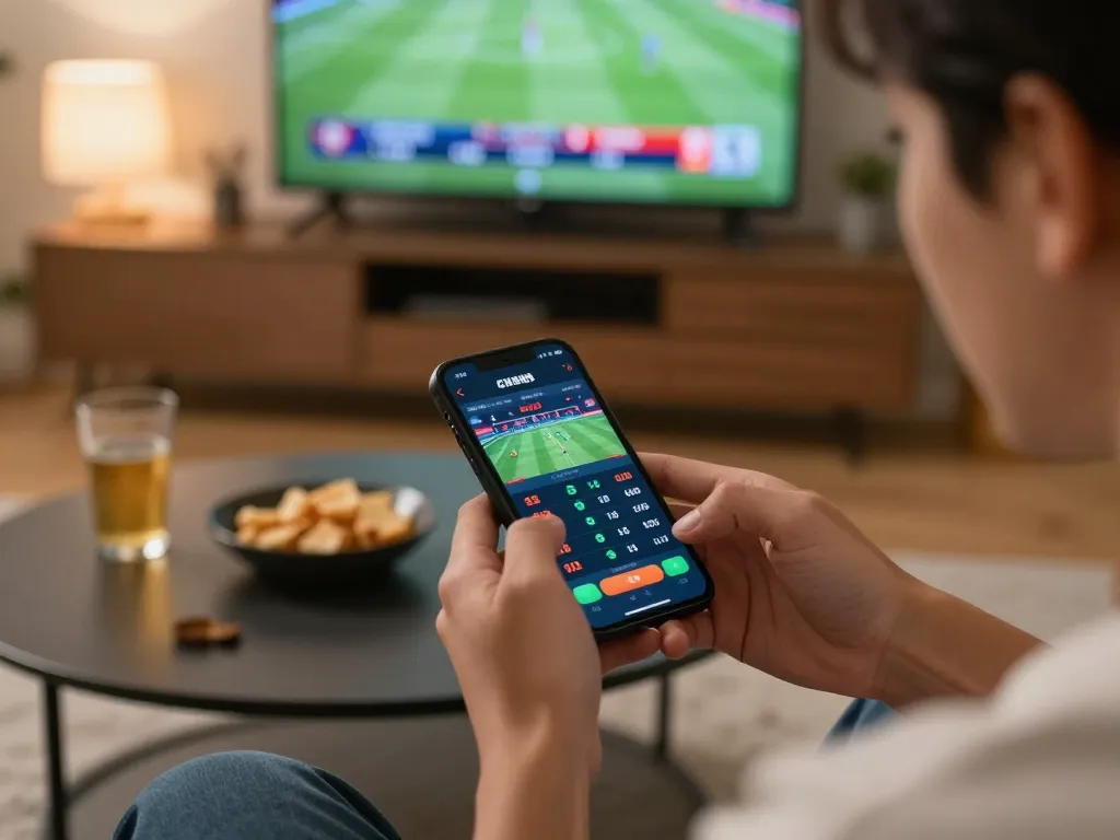 Betting excitement on smartphone at https://shbet.free/ during live sports game in cozy home