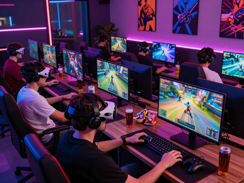 Engaging gaming lounge scene featuring diverse players enjoying digital games with cutting-edge equipment at https://blackmomsblog.com/about/ in a vibrant atmosphere.