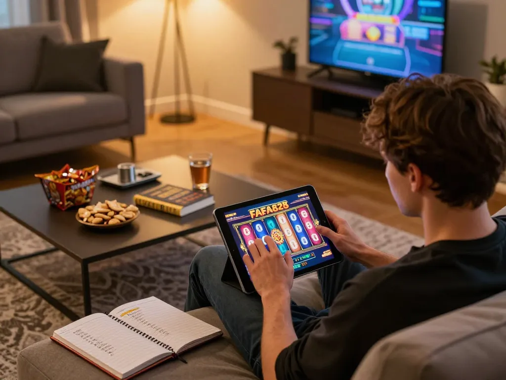 Player engaging with FAFA828's online slots in a cozy home setup, showcasing interactive gaming