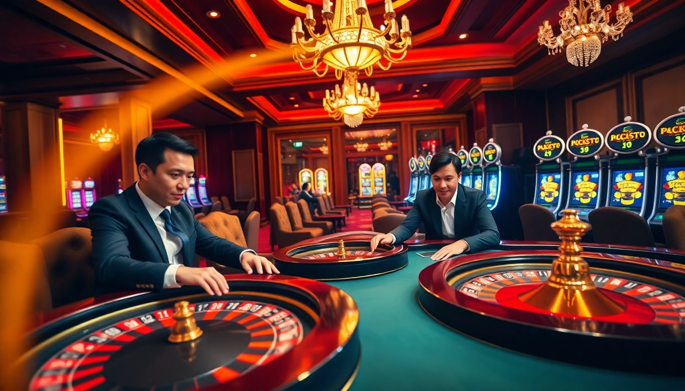 Luck8 players engaging with a lively roulette table in a luxurious casino setting.