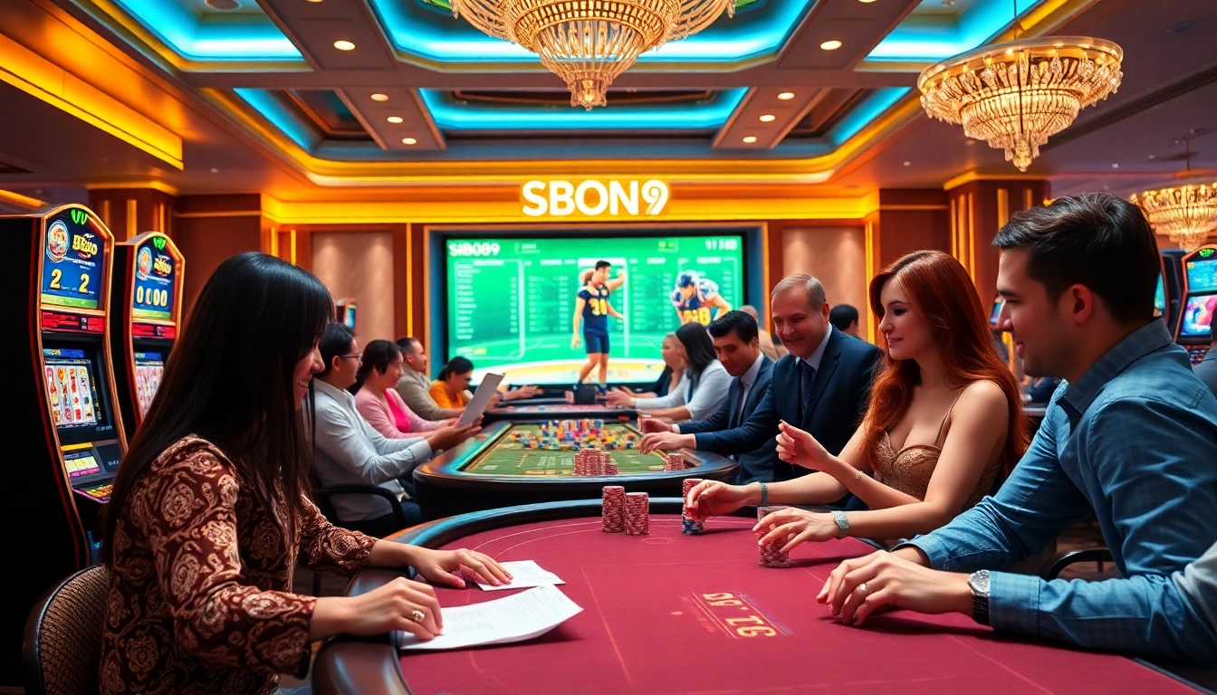 SBOBET89 online gamblers celebrating wins at a luxurious casino with colorful slot machines and poker tables.