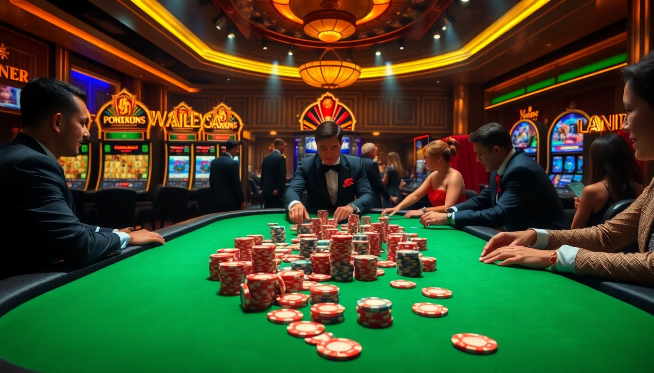 Engage in high-stakes poker action at https://kjc.ad/ featuring vibrant chips and luxury gaming tables.