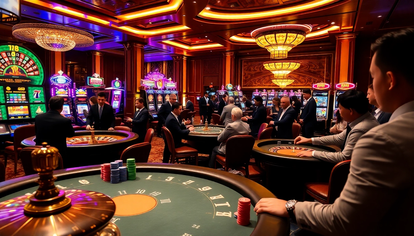 Engaging scene of players betting at the TK88 casino poker table, surrounded by vibrant games.