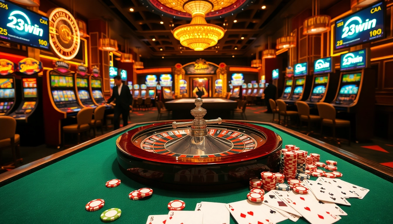 Exciting casino scene with roulette and slot machines highlighting the 23win brand.