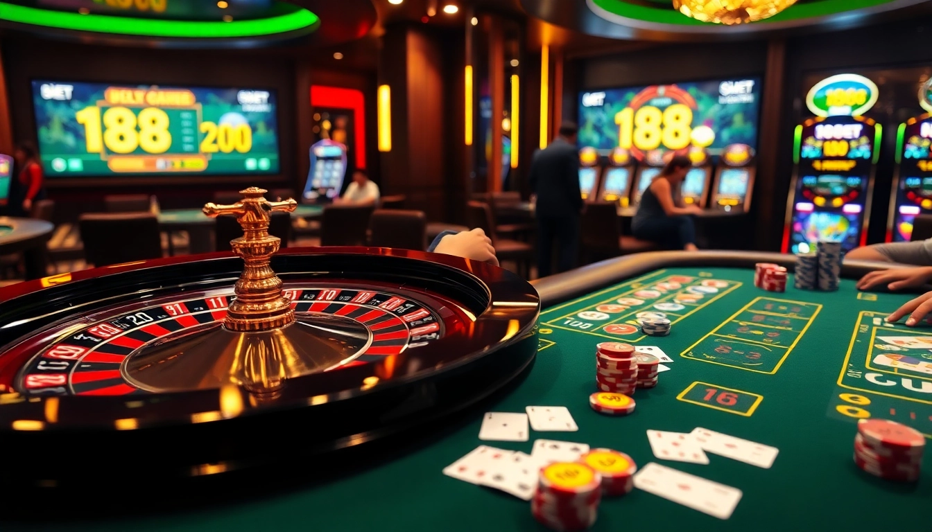 Experience the thrilling atmosphere of 188bet gaming with poker chips and a roulette wheel.