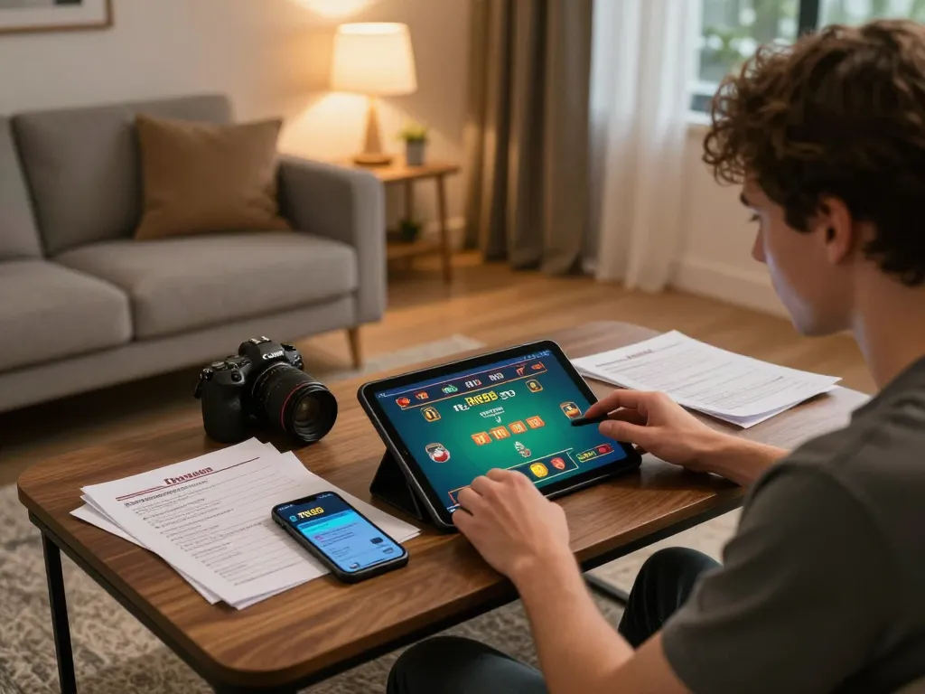 Player engages with RR88 live dealer game on tablet in cozy home setting