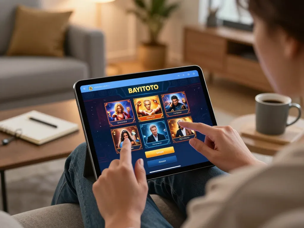 Layar login BAYITOTO ditampilkan di tablet dalam suasana rumah yang hangat, menyoroti keterlibatan dalam permainan online.