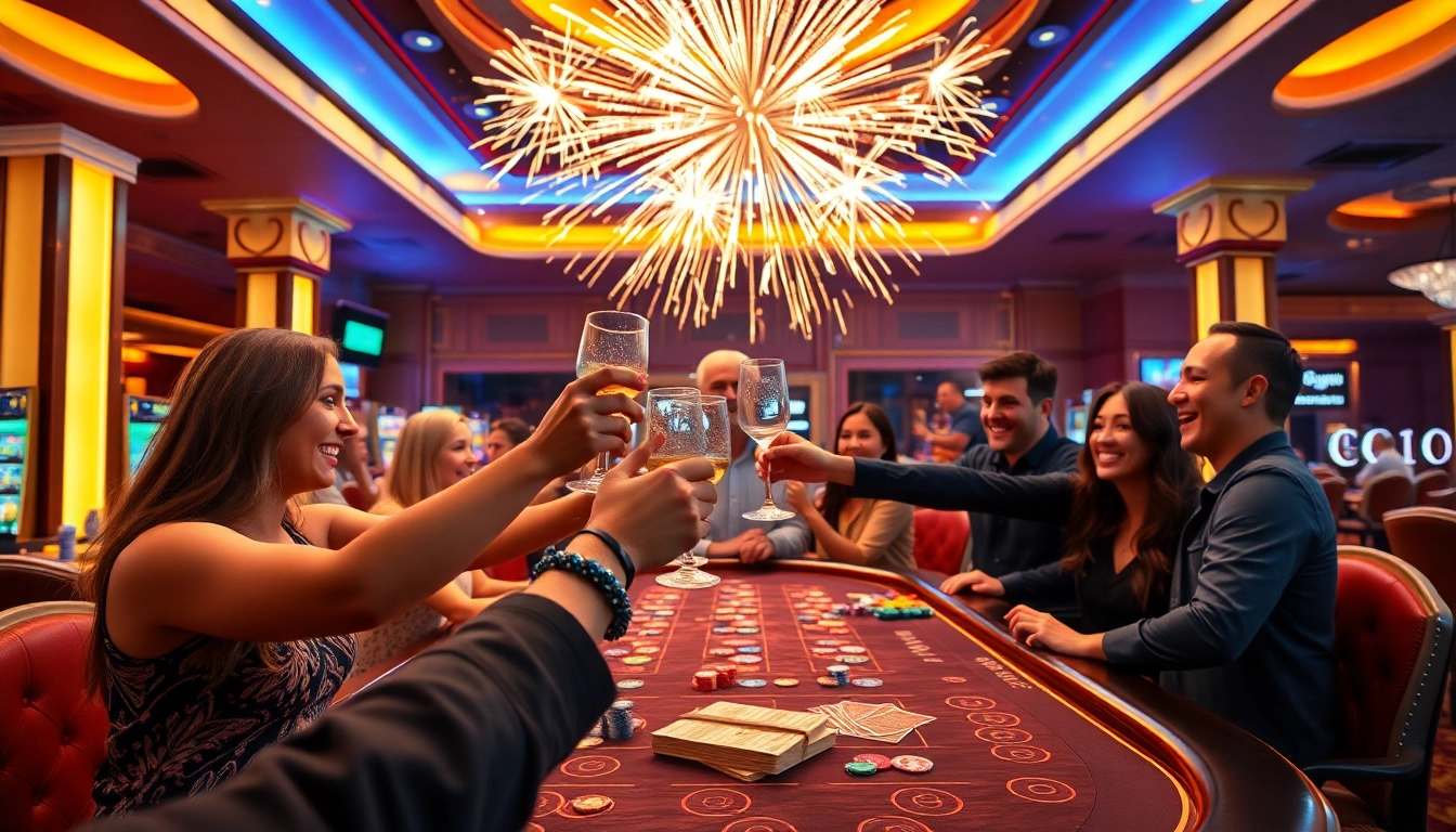 Celebration of an explosion of a prize-winning lottery at a vibrant casino scene