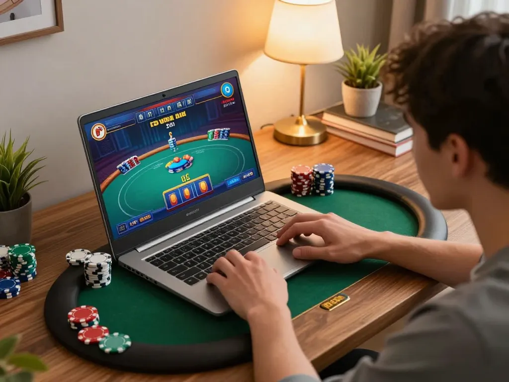 Engaging in online gaming at home with Link Bong88 on display, showcasing strategic poker gameplay and a cozy atmosphere.