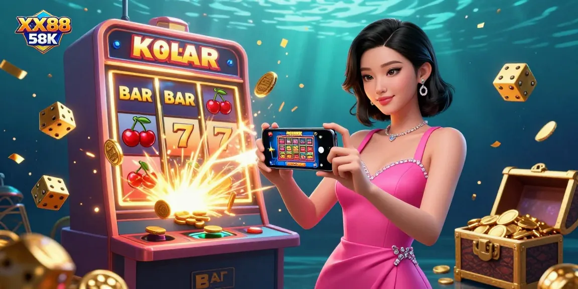 Engage in thrilling online gaming with XX88 58K promotions featuring a vibrant casino scene and dynamic gameplay.