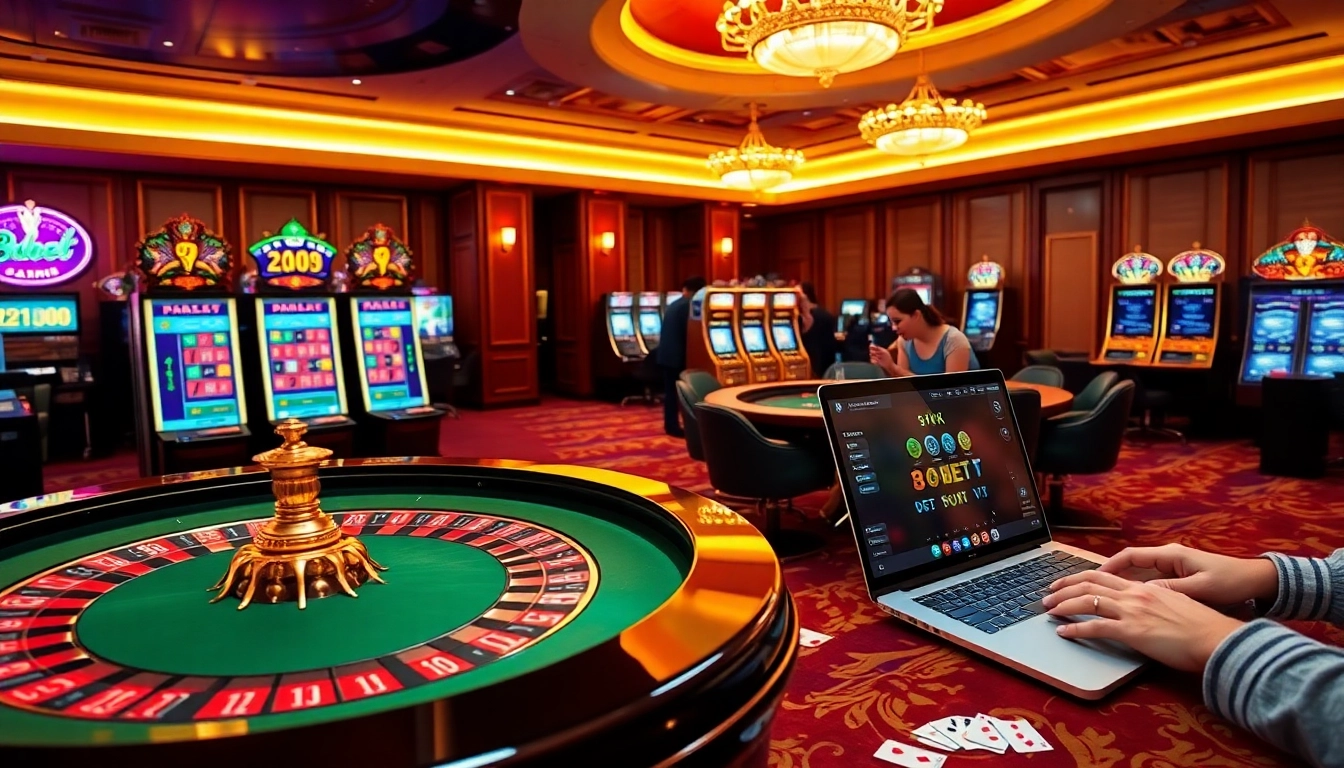 Engaging online casino scene at 8kbet.ink featuring players at a roulette table and slot machines.