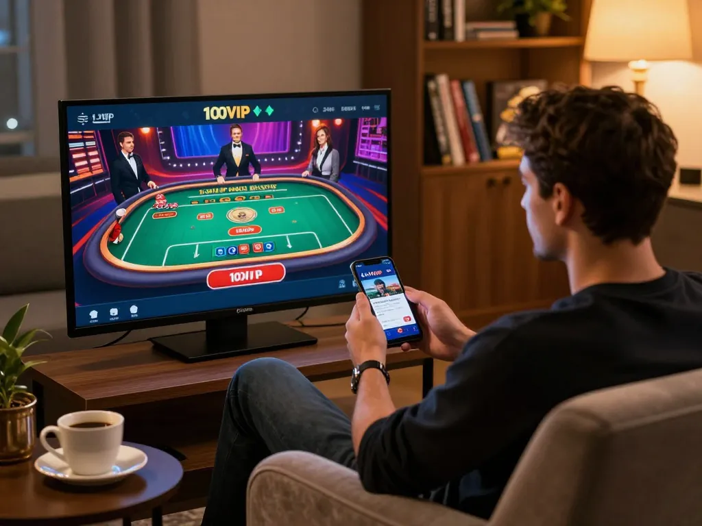 Player enjoying a live casino game on the 100VIP app in a cozy home setting, highlighting online gaming experience
