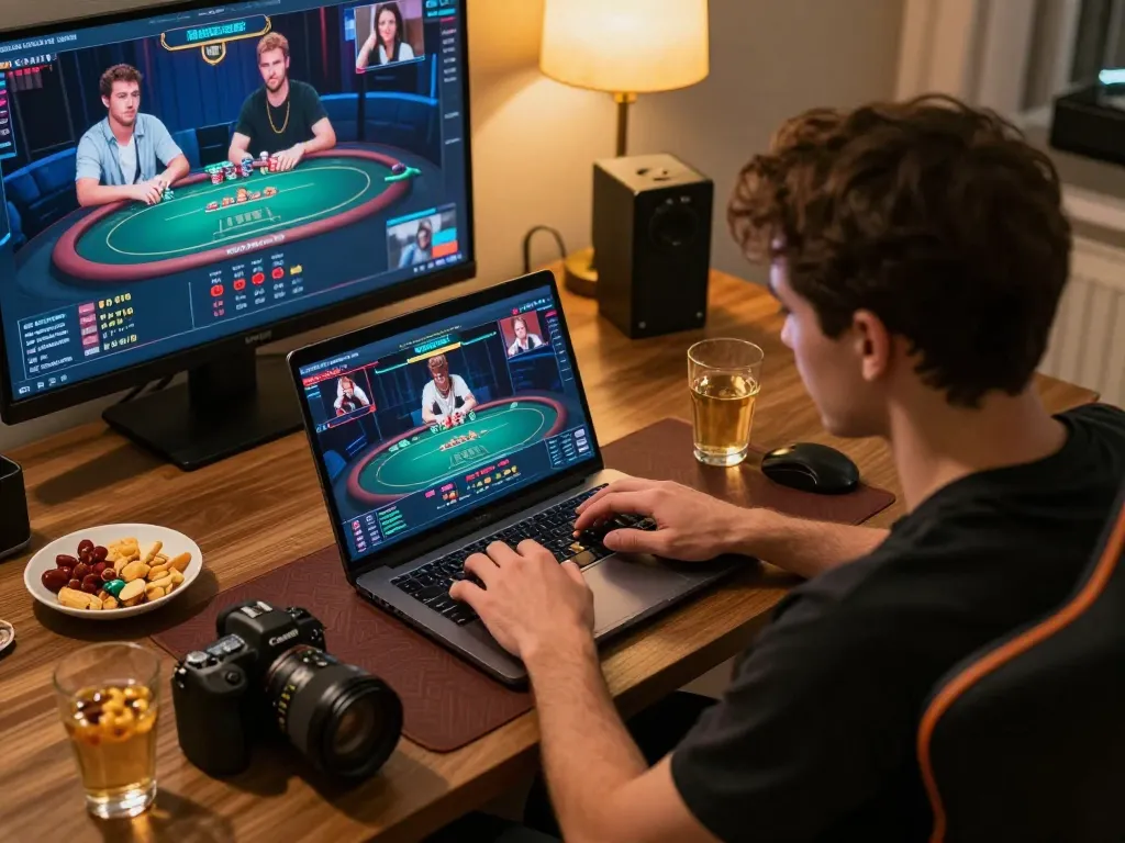 Experience the excitement of online gambling at https://rr88.navy/ with an engaging poker game interface in a cozy home setting.
