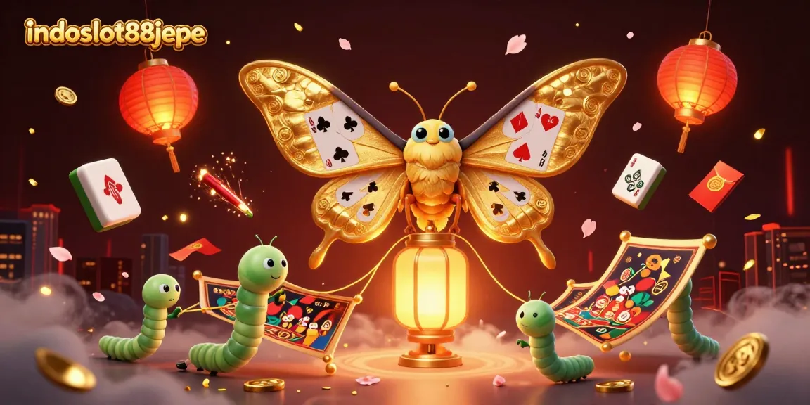 Experience indoslot88jepe's thrilling atmosphere with a vibrant 3D illustration showcasing casino elements and festive decor.