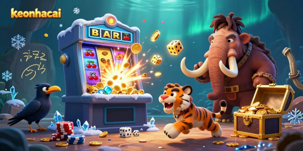 Experience thrilling moments with keonhacai at a prehistoric casino with cartoon characters and dynamic gaming elements.