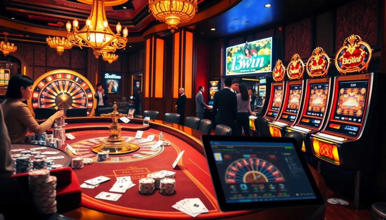 Players experiencing excitement and engagement at the 13win casino table with vibrant betting chips and high-quality game visuals.