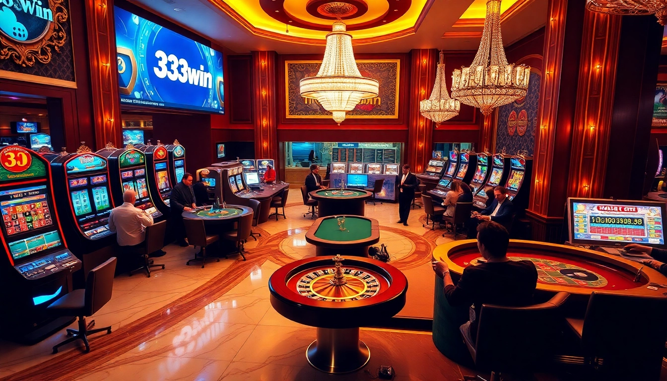 Experience the excitement of 33win with luxurious casino visuals that highlight gaming tables and slot machines.