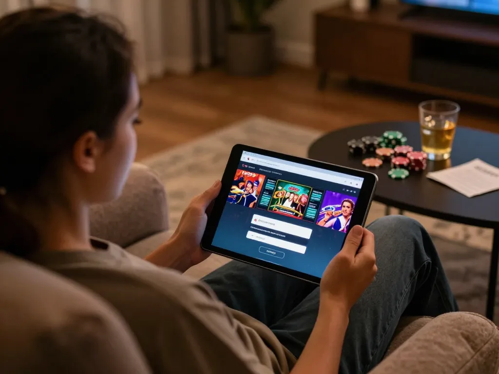 Engaging tk999 login interface on a tablet in a cozy home gaming environment, highlighting online gambling.