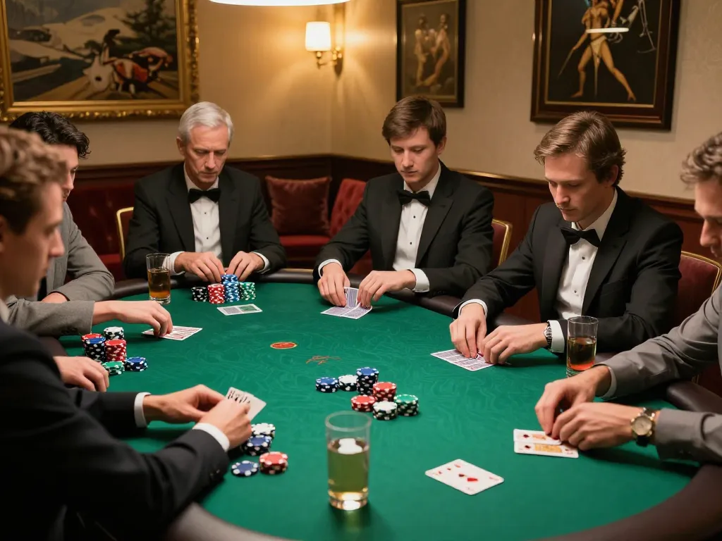 Players strategizing at a high-stakes poker table at ku88's exclusive gaming room, showcasing luxury and competitive spirit
