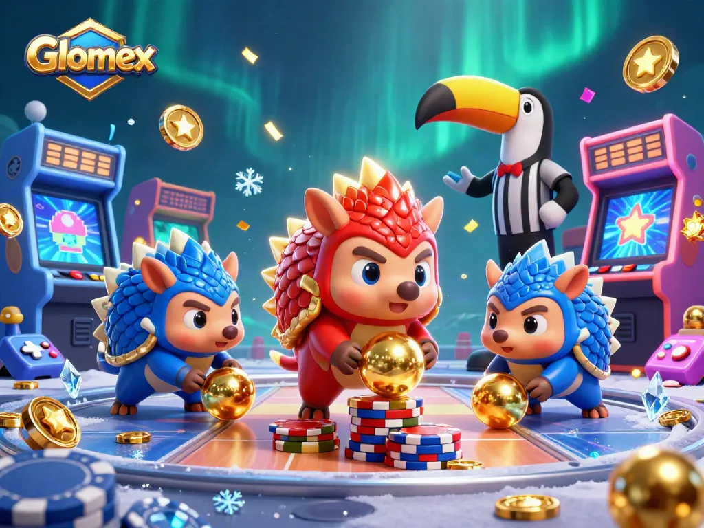 Engage in thrilling casino action with Glomex as vivid pangolins roll into golden balls amidst poker chips.