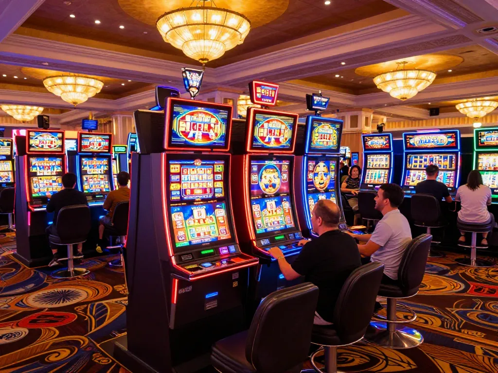 Players enjoying vibrant slot machines in a Las Vegas casino representing C 168 entertainment.