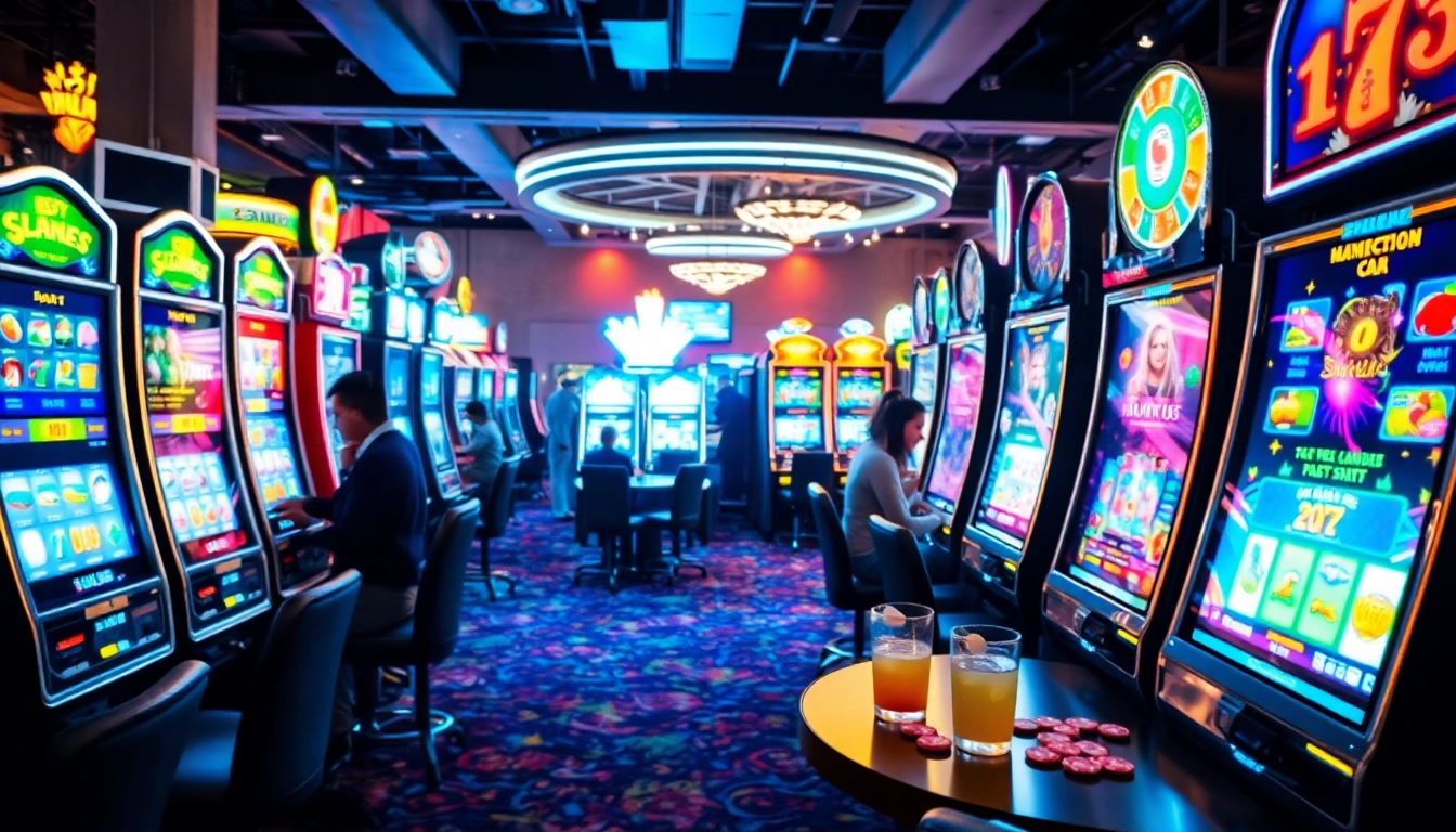 Players enjoying the best online slots at a vibrant casino, illuminated by colorful lights.