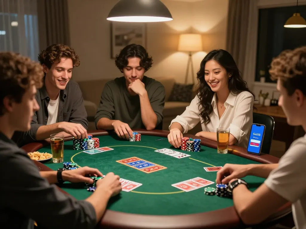 Gsc108 Login to join the excitement of a home poker game with friends amidst colorful chips and snacks.