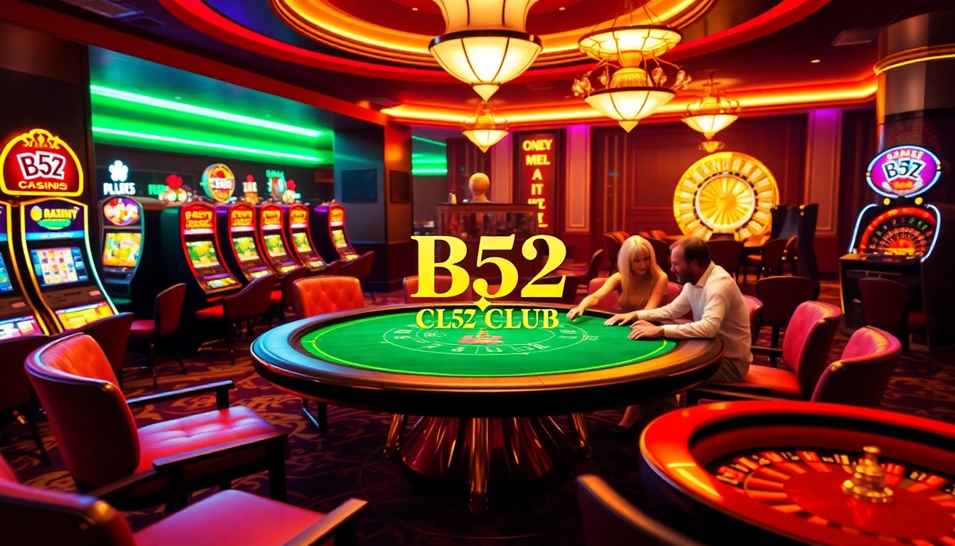 B52 CLUB players engaging in a strategic poker game at a vibrant casino table surrounded by classic gaming options.