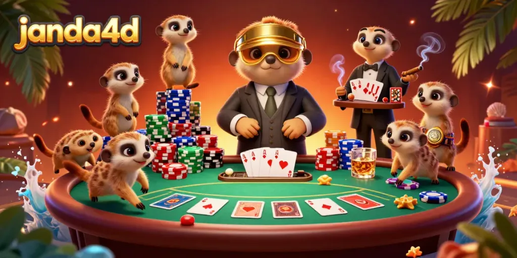 Permainan seru di JANDA4D dengan koloni meerkat bermain kasino di latar yang dinamis.